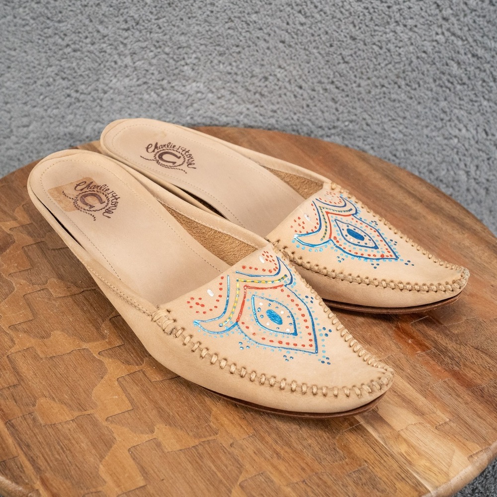 Charlie 1 Horse x Lucchese (8.5) Tan Leather Mules Western Cowboy Slides Beaded